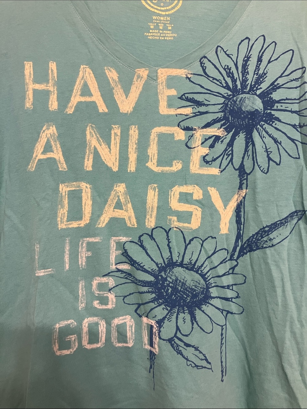 Life is Good Have a Nice Daisy v-neck t-shirt 3/4 sleeve graphic medium - Picture 3 of 8
